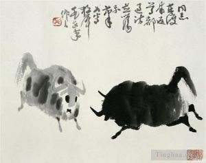 Contemporary Artwork by Wu Zuoren - Fighting cattle