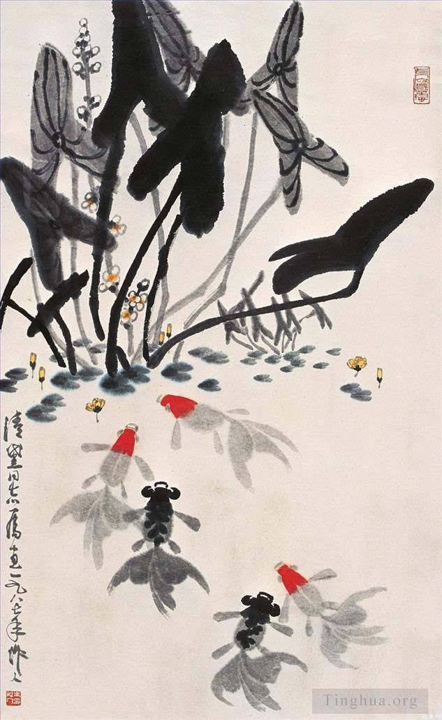 Wu Zuoren's Contemporary Chinese Painting - Goldfish and water lilies