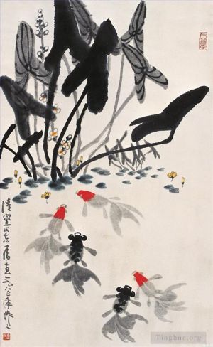 Contemporary Chinese Painting - Goldfish and water lilies