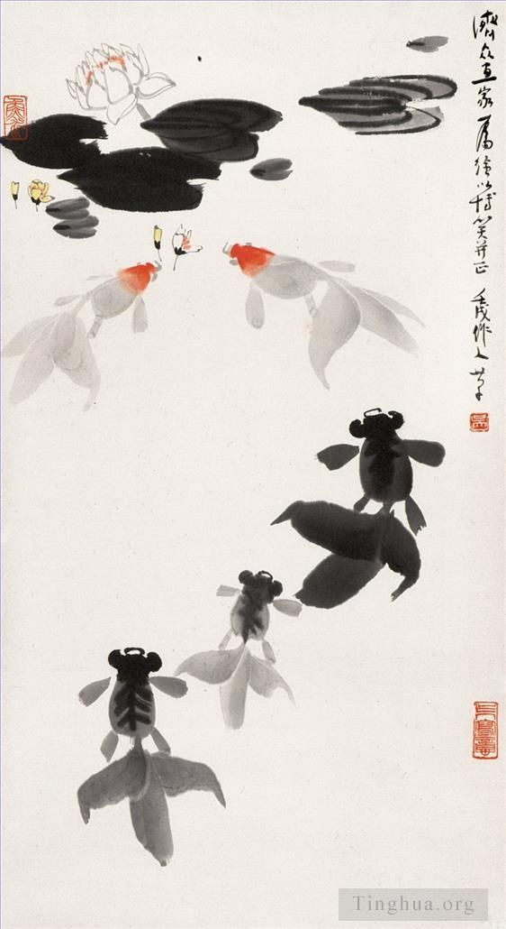 Wu Zuoren's Contemporary Chinese Painting - Goldfish and water lily