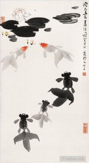 Contemporary Chinese Painting - Goldfish and water lily