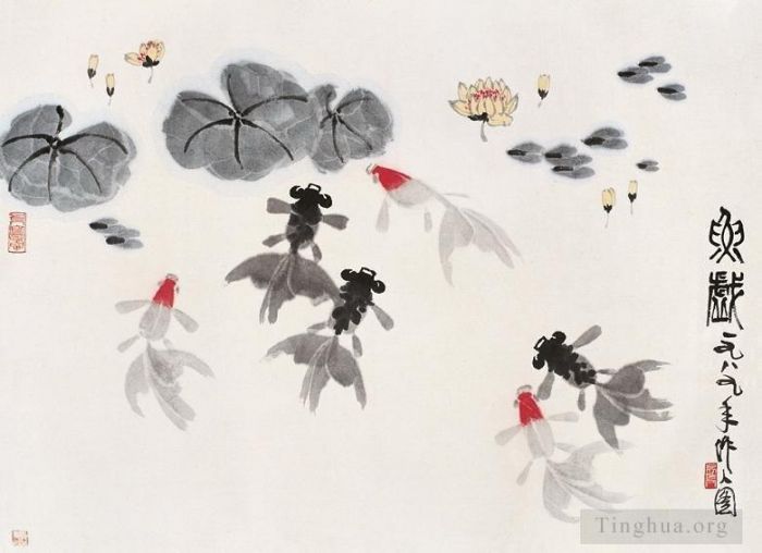 Wu Zuoren's Contemporary Chinese Painting - Goldfish in waterlilies