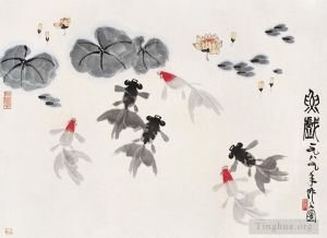 Contemporary Artwork by Wu Zuoren - Goldfish in waterlilies