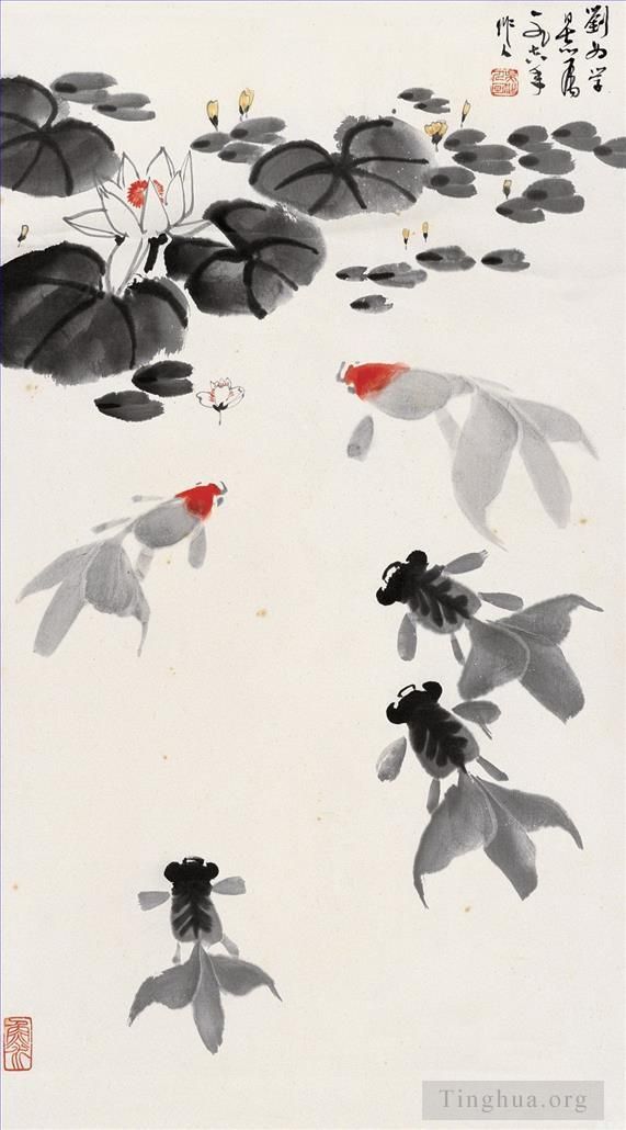 Wu Zuoren's Contemporary Chinese Painting - Goldfish in waterlily pond