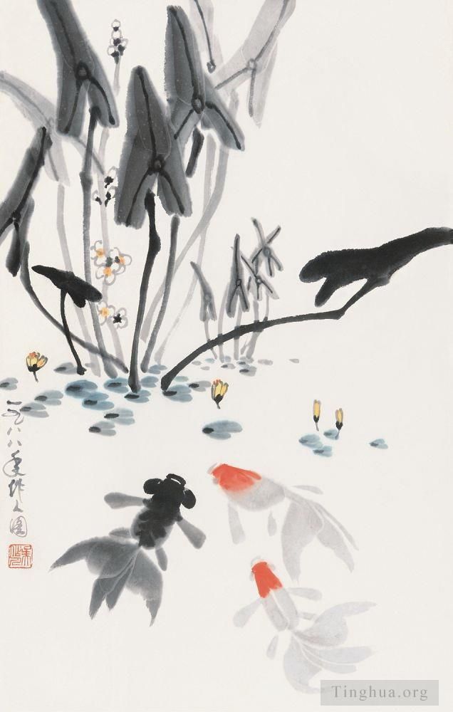 Wu Zuoren's Contemporary Chinese Painting - Playing fish 1988