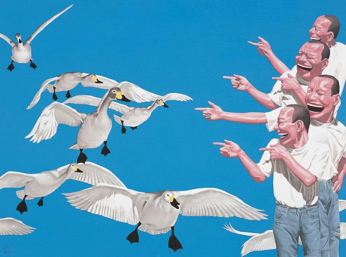 Yue Minjun's Contemporary Oil Painting - Red Crowned Crane and Human
