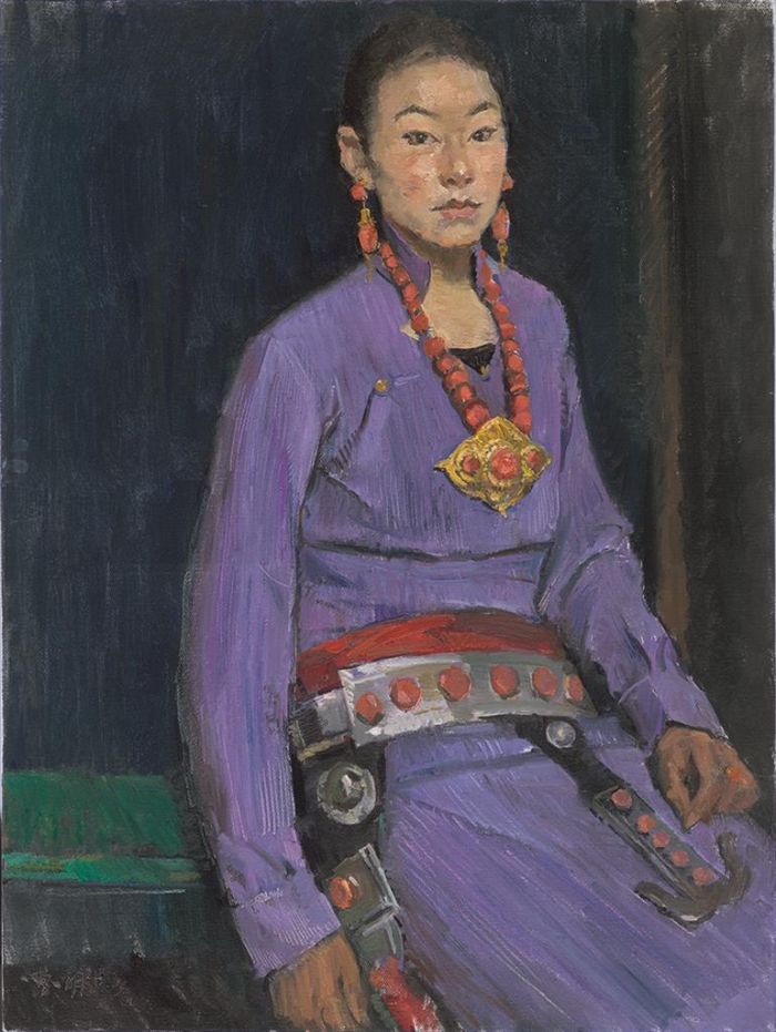 Cao Ming's Contemporary Oil Painting - Tibetan Girl Wearing Jewelry
