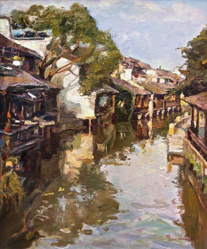 Cui Min's Contemporary Oil Painting - Sunshine Over The Small Town