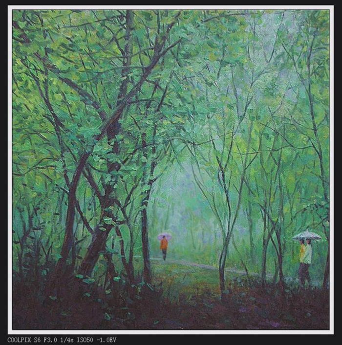 Ding Longfa's Contemporary Oil Painting - Rain in East Lake