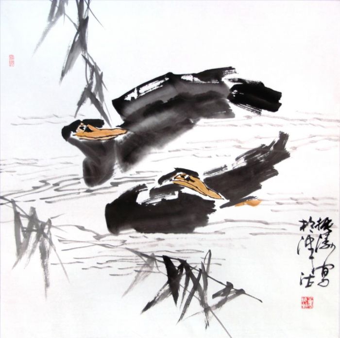 Dong Zhentao's Contemporary Chinese Painting - Two Ducks in The River