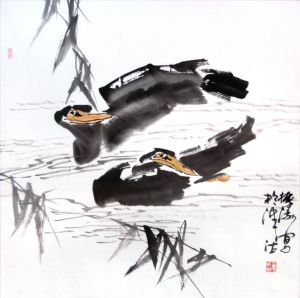 Contemporary Artwork by Dong Zhentao - Two Ducks in The River