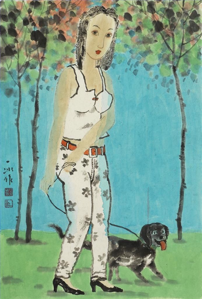 Fan Yibing's Contemporary Chinese Painting - Walk The Dog