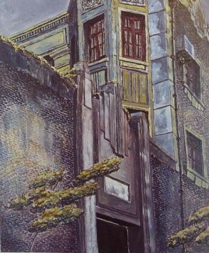 Contemporary Oil Painting - Green Wall Flowery Building