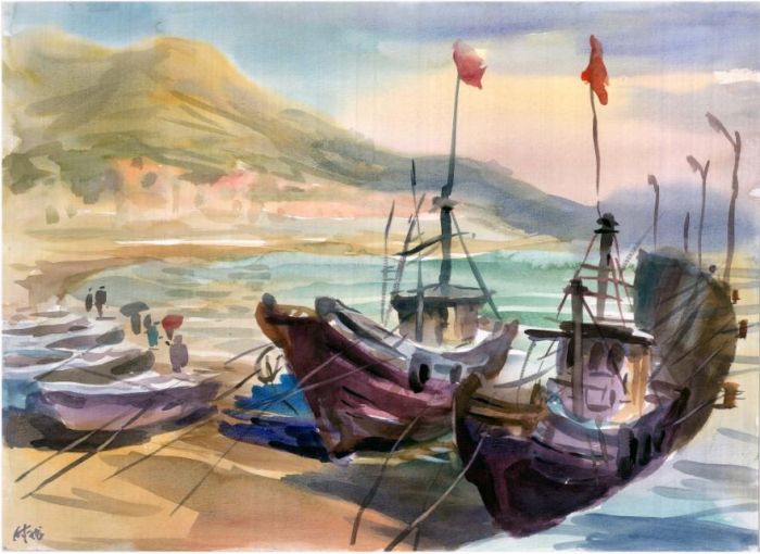 Fu Zilong's Contemporary Chinese Painting - Fishing Boat in Laoshan