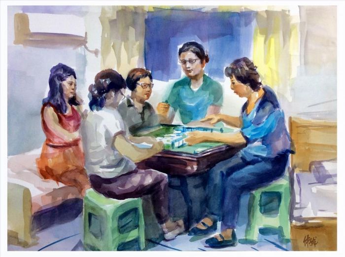 Fu Zilong's Contemporary Chinese Painting - Play Mahjong