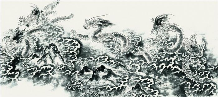 Guan Yaojiu's Contemporary Chinese Painting - A Hundred Dragons Playing in The Sea