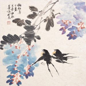 Contemporary Chinese Painting - Two Swallows and Flower