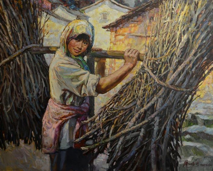 Han Peisheng's Contemporary Oil Painting - A Girl From The Mountain Area