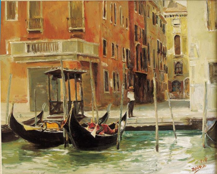 He Hongzhou's Contemporary Oil Painting - A Scene in Venice