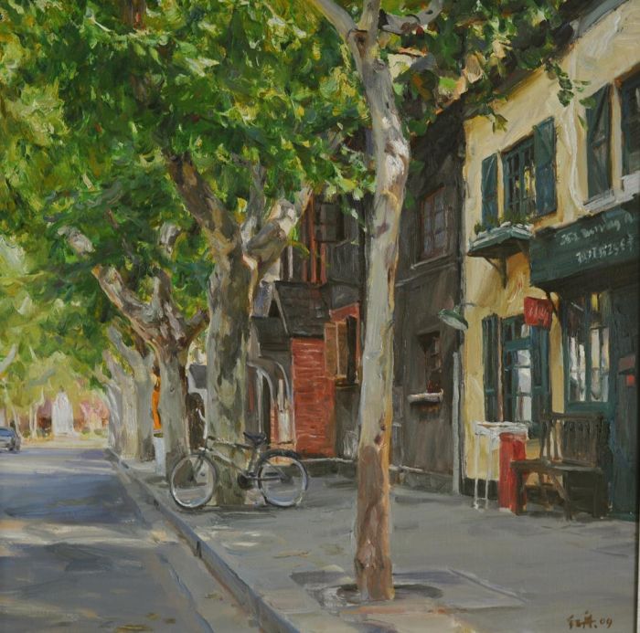 He Hongzhou's Contemporary Oil Painting - An Old Alley in Shanghai