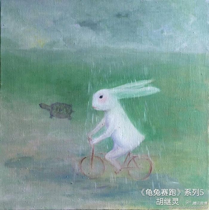 Hu Jiling's Contemporary Oil Painting - The Race Between Hare and Tortoise