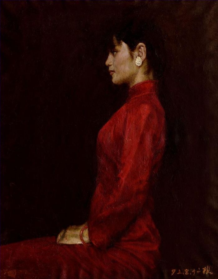 Hu Renqiao's Contemporary Oil Painting - The Girl in Red