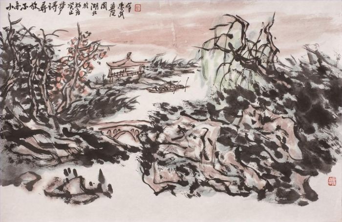 Hu Xuewu's Contemporary Chinese Painting - Seek The Dream of Poetry in A Boat