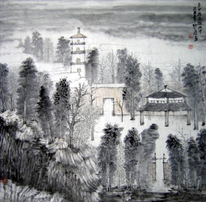 Hu Yilong's Contemporary Chinese Painting - Ancient Buildings in History