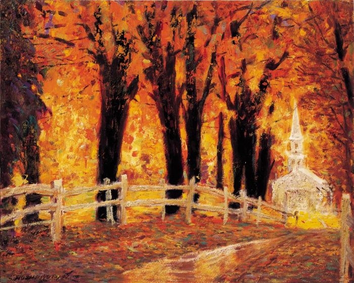 Hu Zhenyu's Contemporary Oil Painting - Golden Autumn in Connecticut