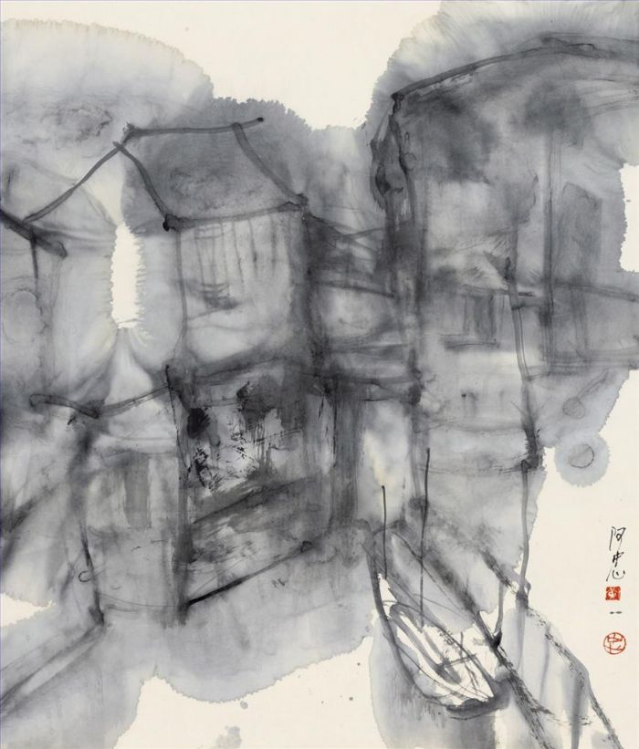 Huang Azhong's Contemporary Chinese Painting - Houses on The River Bank