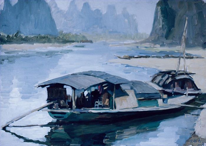 Huang Shaoqiang's Contemporary Oil Painting - A Fisherman Family in Lijiang