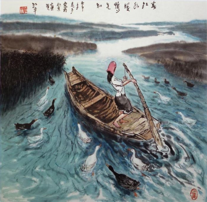 Jiang Ping's Contemporary Chinese Painting - The Duck Knows First When The River Becomes Warm in Spring