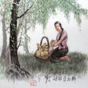 Contemporary Chinese Painting - A Girl in Liu Village