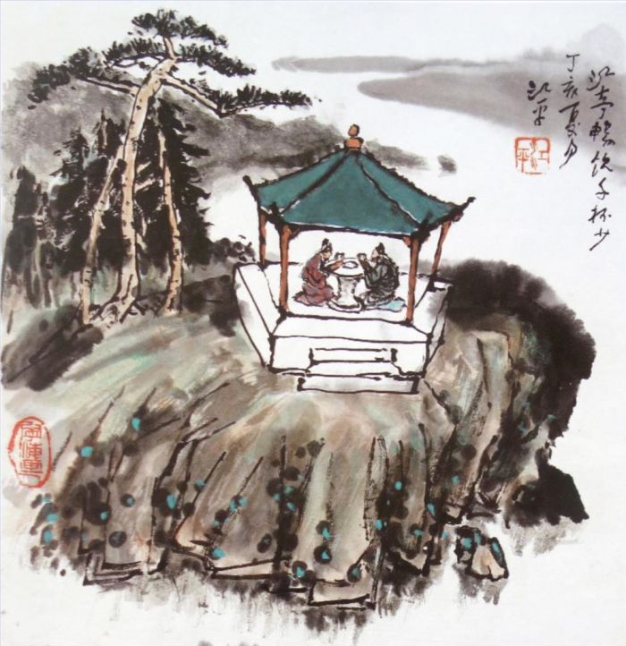 Jiang Ping's Contemporary Chinese Painting - Drink At The Pavillion on The River
