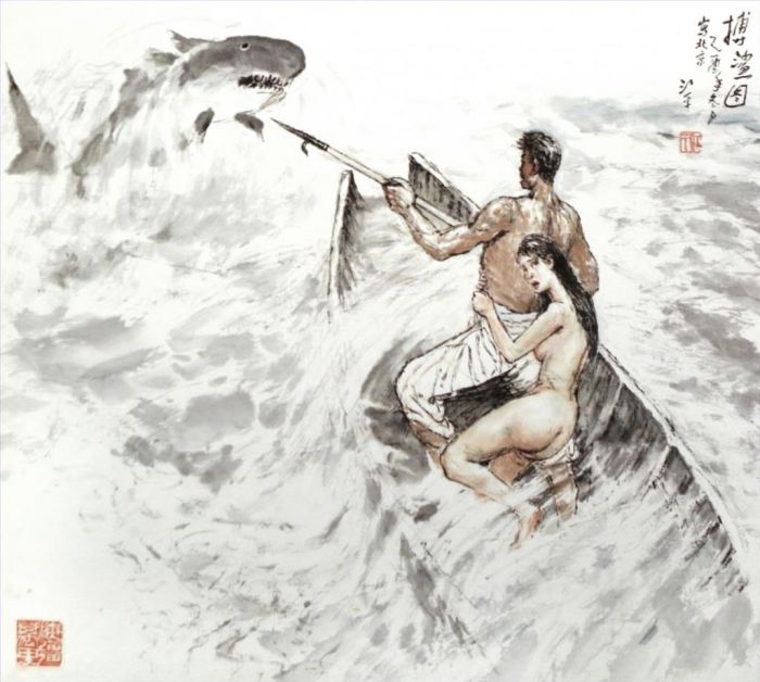 Jiang Ping's Contemporary Chinese Painting - Fighting The Shark
