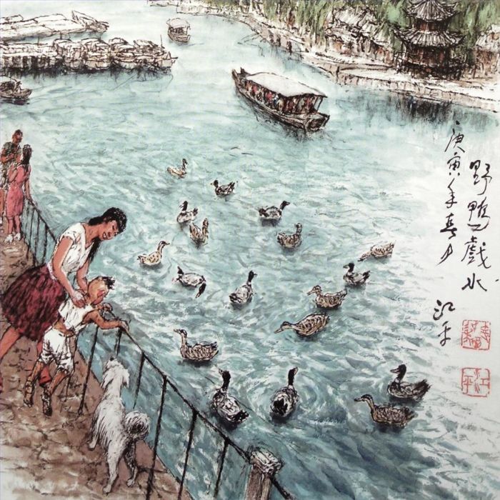 Jiang Ping's Contemporary Chinese Painting - Wild Duck Playing in The River