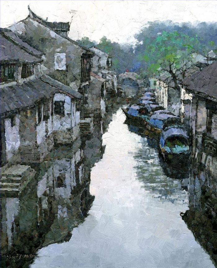 Jiang Xiaosong's Contemporary Oil Painting - Early Spring in Zhouzhuang Village