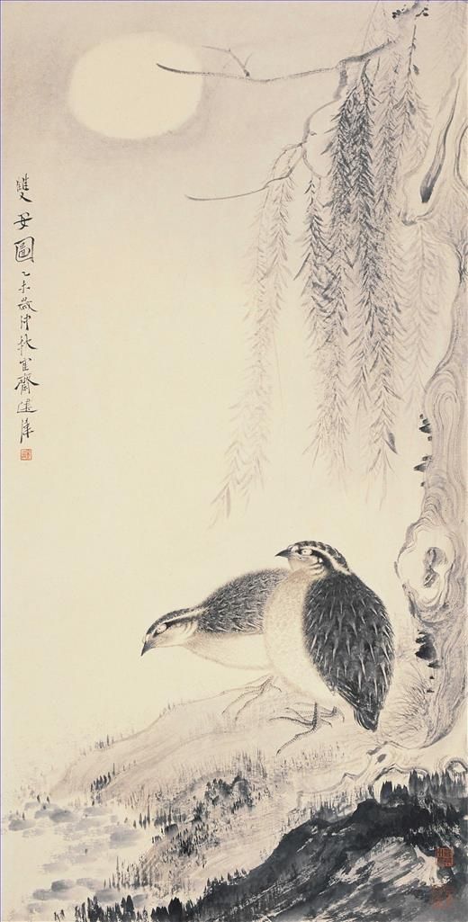 Ju Jianwei's Contemporary Chinese Painting - Two Birds in The Moonlight