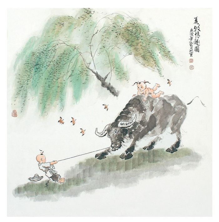 Kong Qingchi's Contemporary Chinese Painting - Fun of Cow Herding in Summer