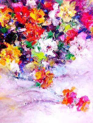 Lan Yumei's Contemporary Oil Painting - Colorful Flowers on The Snowfield