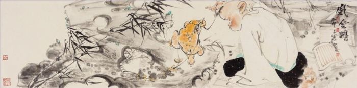 Li Jiang's Contemporary Chinese Painting - A Child Playing With A Golden Toad