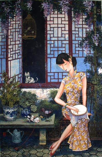 Li Shoubai's Contemporary Chinese Painting - Under Chinese Wistaria