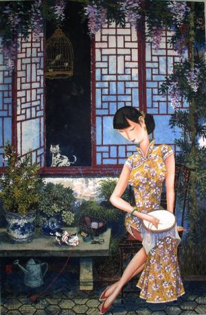 Contemporary Chinese Painting - Under Chinese Wistaria