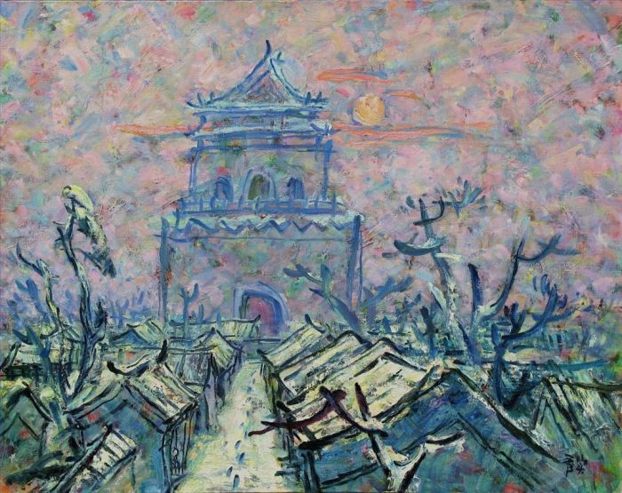 Li Xiushi's Contemporary Oil Painting - Sunset Glow Over Zhonglou Building