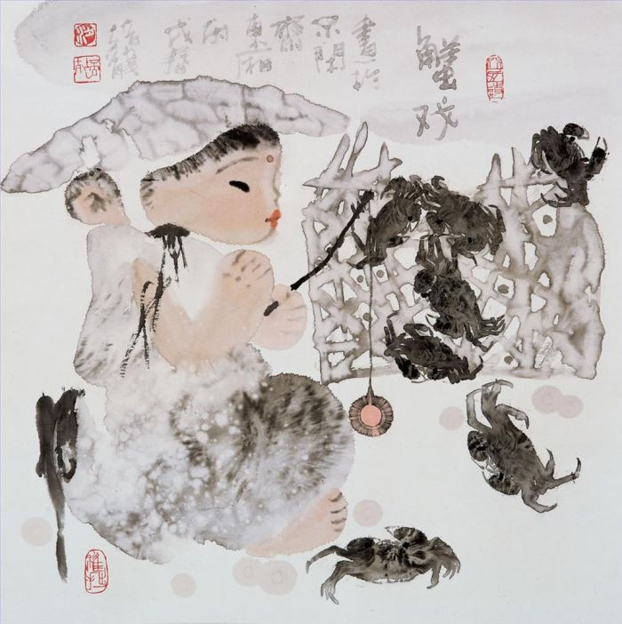 Liang Peilong's Contemporary Chinese Painting - Play With Crabs