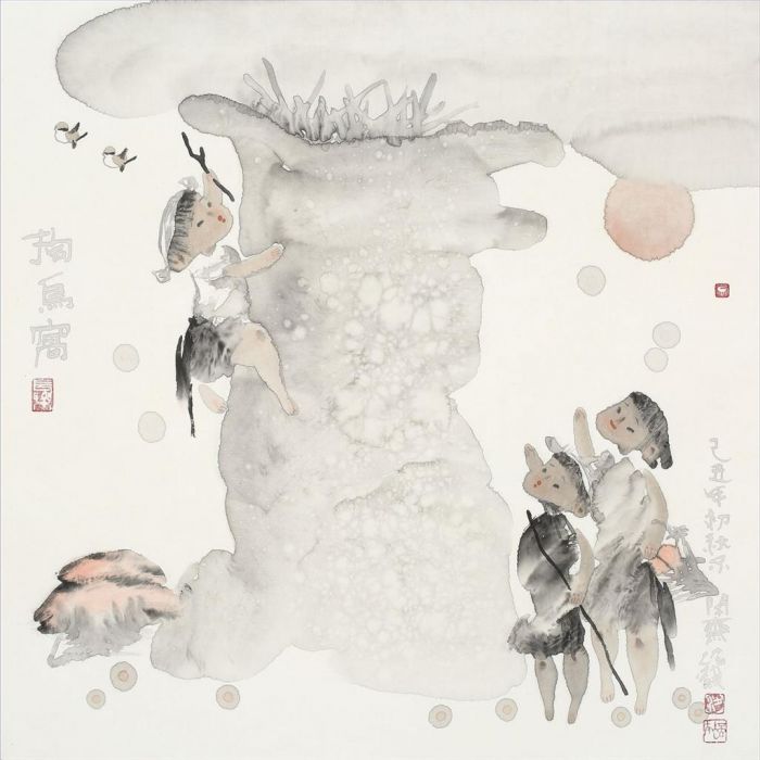 Liang Peilong's Contemporary Chinese Painting - Take Bird Eggs Out of A Nest