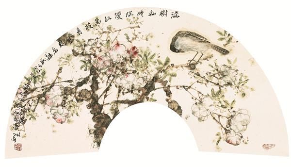 Liang Shimin's Contemporary Chinese Painting - Fan of A Blooming Tree