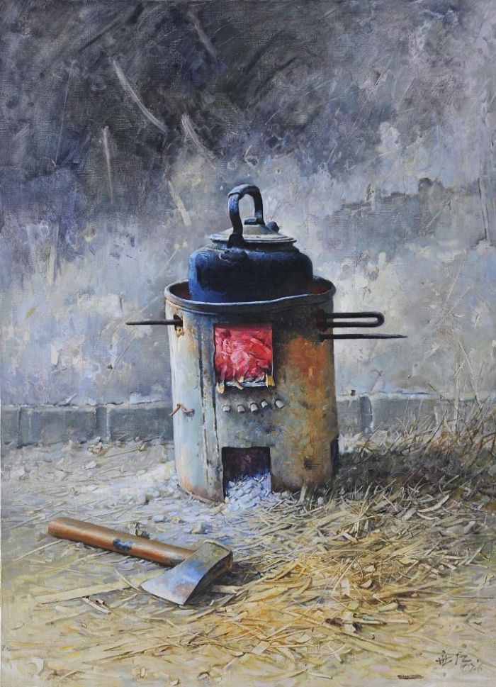 Liu Shijiang's Contemporary Oil Painting - Father'S Stove