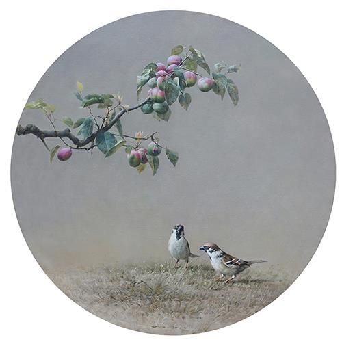 Liu Shijiang's Contemporary Oil Painting - Red Apricot and Sparrow