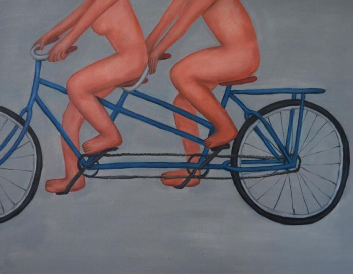 Meng Su's Contemporary Oil Painting - Blue Tandem Bicyle